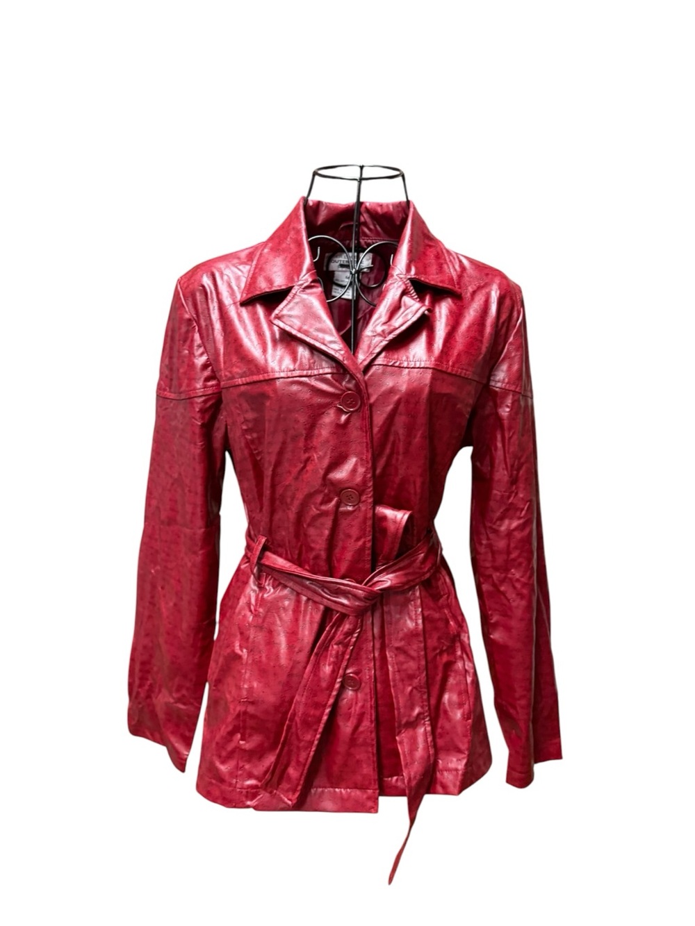 Outer Edge Red Faux Leather Belted Trench Jacket Medium